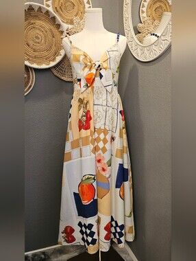 Caroline Constas Champ de Fraises Beaded Strap Fruit Linen Dress, Size M, NWT